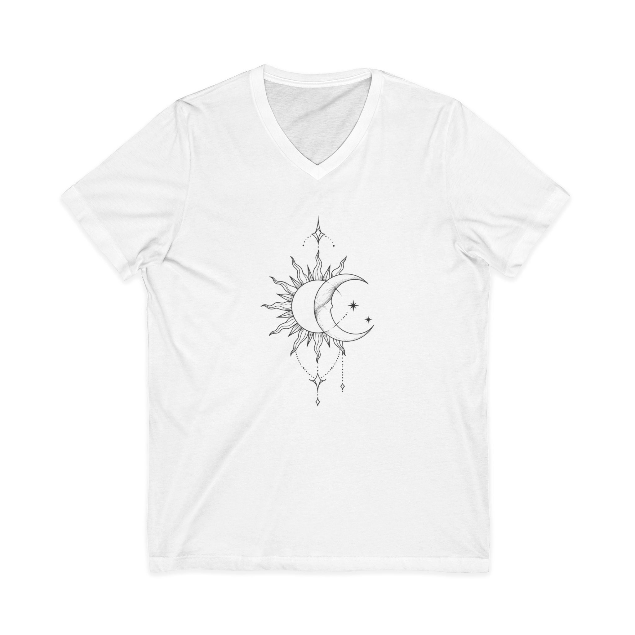 Celestial Moon & Sun V‑Neck Tee — Minimal Mystic Graphic